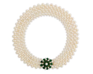 14K Gold, Cultured Pearl, and Emerald Necklace
