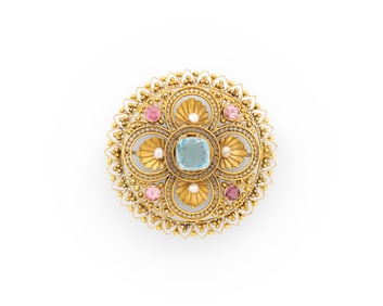 14K Gold, Aquamarine, Tourmaline, and Seed Pearl Brooch