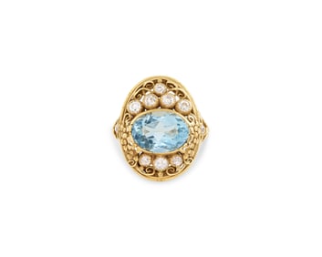 18K Gold, Aquamarine, and Diamond Ring