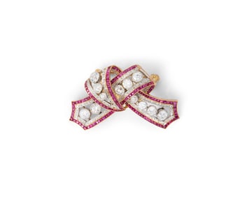 Platinum, 18K Gold, Diamond, and Ruby Brooch