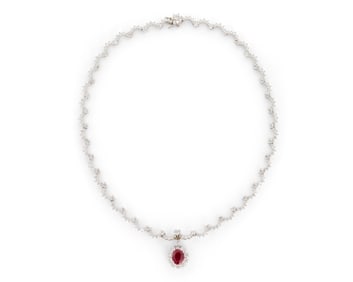 Platinum, Diamond, and Ruby Pendant Necklace