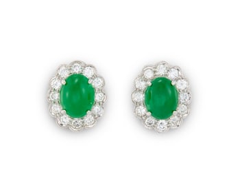 Platinum, Jadeite, and Diamond Earrings
