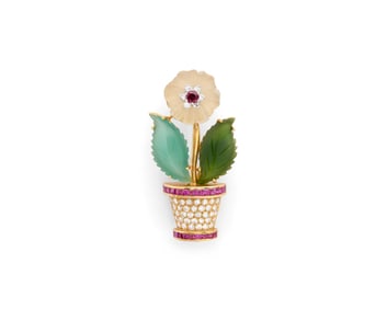 18K Gold, Diamond, Ruby, Rock Crystal, and Nephrite Brooch