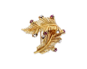 TIFFANY & CO., SCHLUMBERGER 18K Gold, Diamond, and Ruby Brooch