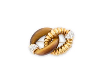 18K Gold, Diamond, and Tiger's Eye Brooch