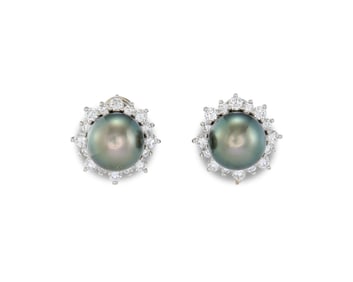 18K Gold, Tahitian Pearl, and Diamond Earclips
