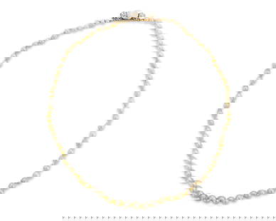 Natural Pearl, Cultured Pearl, and Diamond Necklace: Natural Pearl, Cultured Pearl, and Diamond Necklacecomprising 66 graduated oval pearls measuring approx. 3.32 - 5.53 mm. completed by a 14k gold clasp set with one pearl and two old mine-cut diamonds