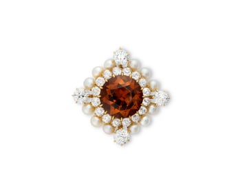 18K Gold, Citrine, Diamond, and Pearl Brooch