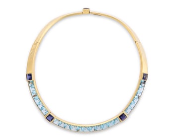 18K Gold, Blue Topaz, and Tanzanite Necklace