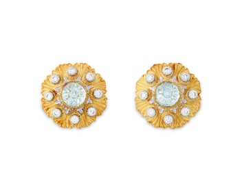 BUCCELLATI 18K Gold, Aquamarine, and Diamond Earclips