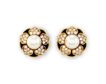 CHANEL 18K Gold, Cultured Pearl, Diamond, and Onyx Earclips