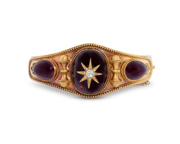 Victorian 14K Gold, Diamond, and Garnet Cuff Bracelet