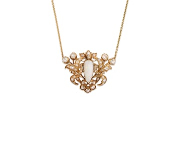18K Gold, White Opal, and Diamond Pendant Necklace