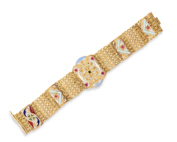 High Karat Gold, Enamel, and Seed Pearl Bracelet