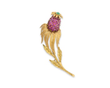 18K Gold, Ruby, and Chrysoprase Brooch