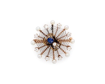 14K Gold, Silver, Diamond, Sapphire, and Seed Pearl Brooch