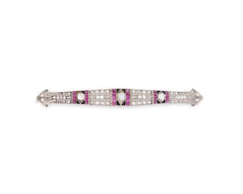 Platinum, Pearl, Ruby, Diamond, and Onyx Brooch