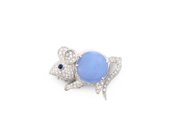 18K Gold, Diamond, Chalcedony, and Sapphire Brooch