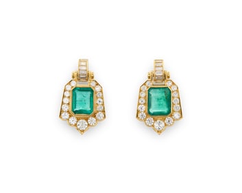 18K Gold, Emerald, and Diamond Earrings