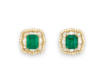 18K Gold, Emerald, and Diamond Earrings