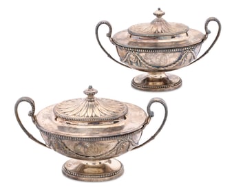 Pair of George III Sterling Silver Covered Two Handled Sauce Tureens, London, 1776