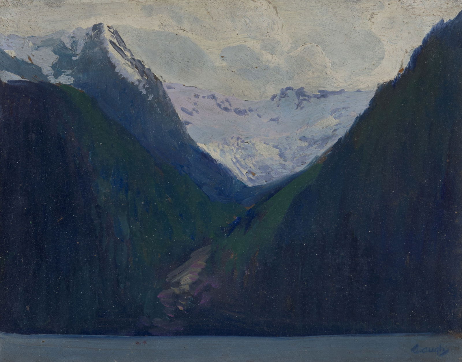 FREDERICK JUDD WAUGH, (American, 1861-1940), Queens Reach, Head of Jervis Inlet: FREDERICK JUDD WAUGH(American, 1861-1940)Queens Reach, Head of Jervis Inletoil on boardsigned Waugh lower right; titled verso7 x 9 in., frame: 15 1/2 x 17 1/2 in. Provenance: Property of