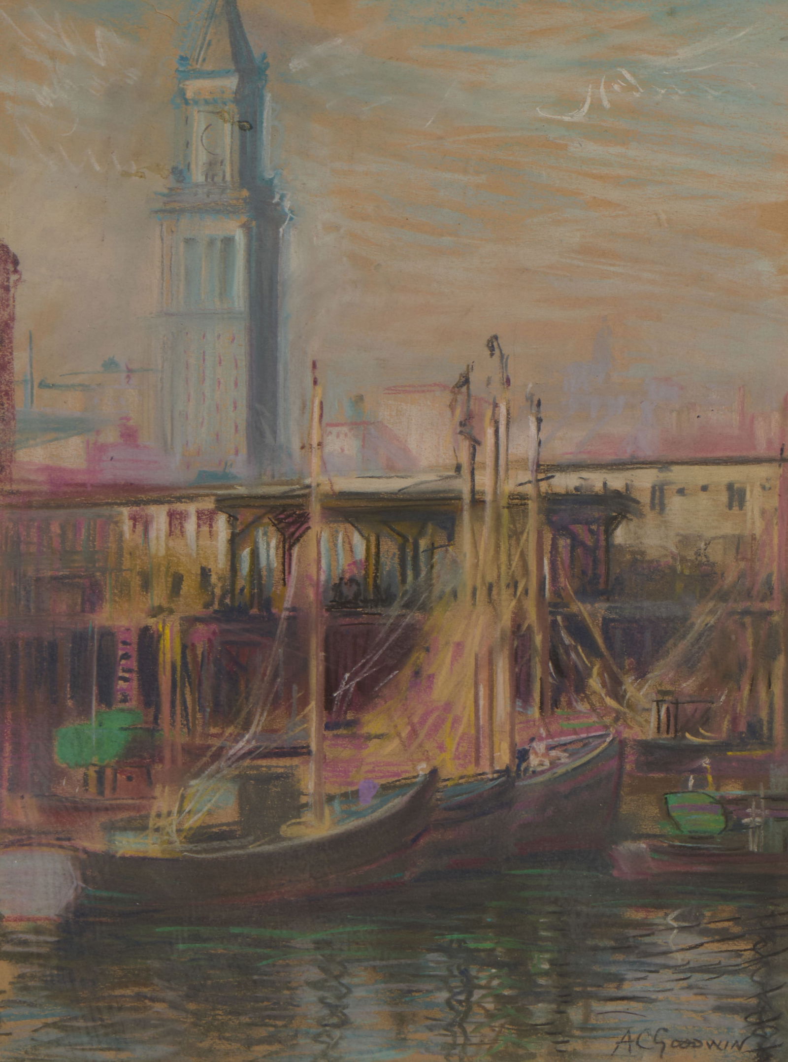 ARTHUR CLIFTON GOODWIN, (American, 1864-1929), T-Wharf Boston: ARTHUR CLIFTON GOODWIN(American, 1864-1929)T-Wharf Bostonpastel on papersigned A.C. Goodwin lower rightsight: 23 1/4 x 17 1/2 in., frame: 33 x 27 in. Provenance: The Estate of Jack Lemmo