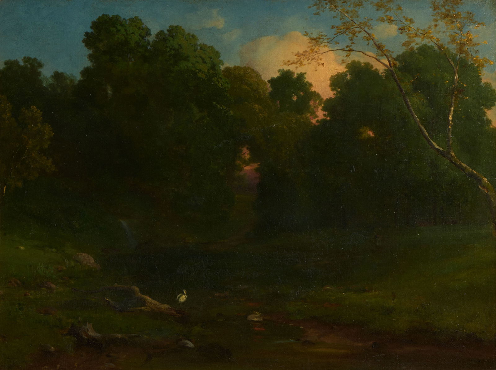 GEORGE INNESS, (American, 1825-1894), Solitude (Heron Brook), 1854: GEORGE INNESS(American, 1825-1894)Solitude (Heron Brook)1854, oil on canvasinitialed and dated GI 54 lower left18 1/4 x 24 in., frame: 25 3/8 x 31 1/4 in. Provenance: Property of Robert