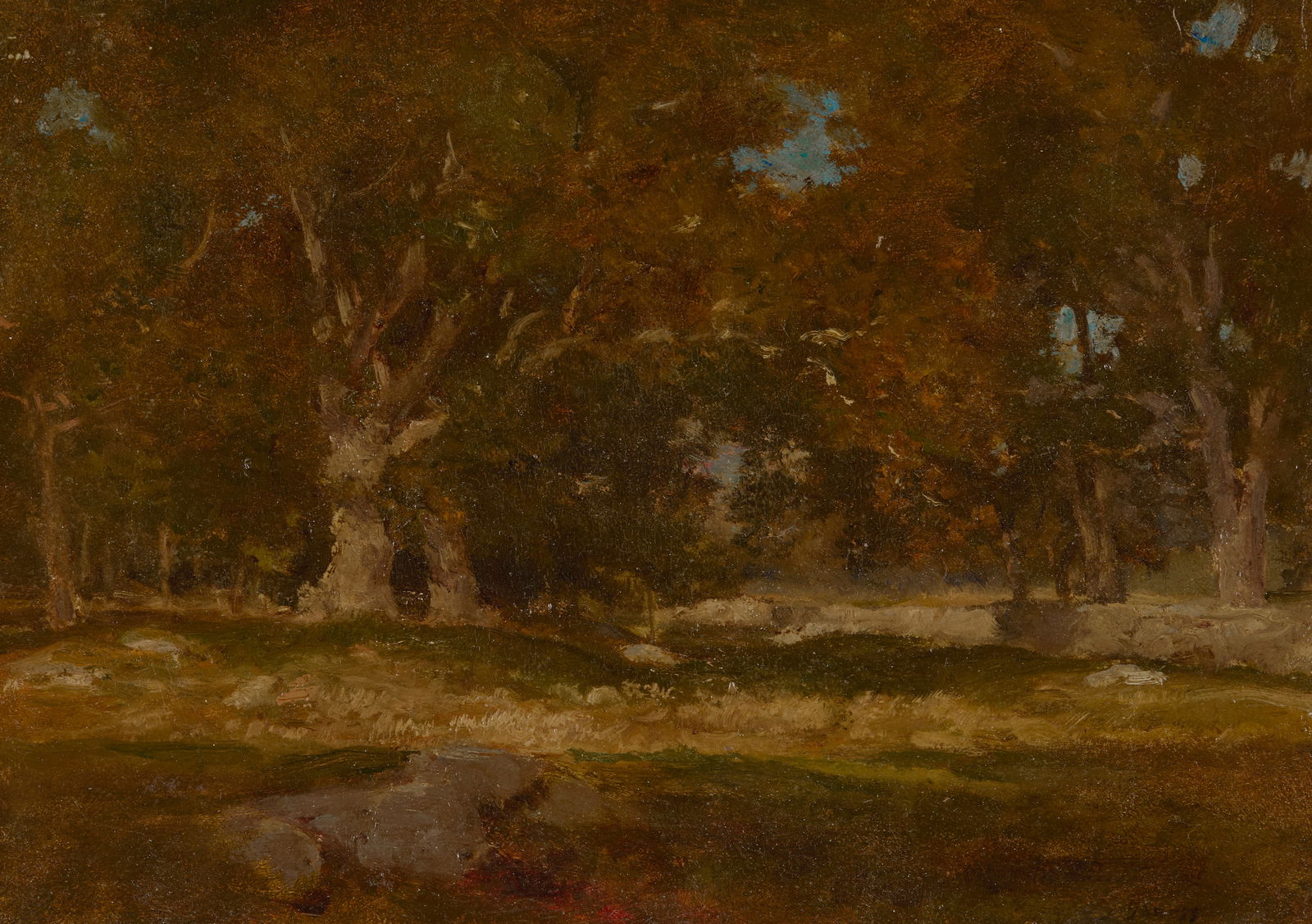 GEORGE INNESS, (American, 1825-1894), Medfield, Massachusetts, ca. 1860-62: GEORGE INNESS(American, 1825-1894)Medfield, Massachusettsca. 1860-62, oil on boardsigned G. Inness lower right10 1/2 x 14 1/2 in., frame: 14 3/4 x 18 1/2 in. Provenance: Elizabeth Hart I