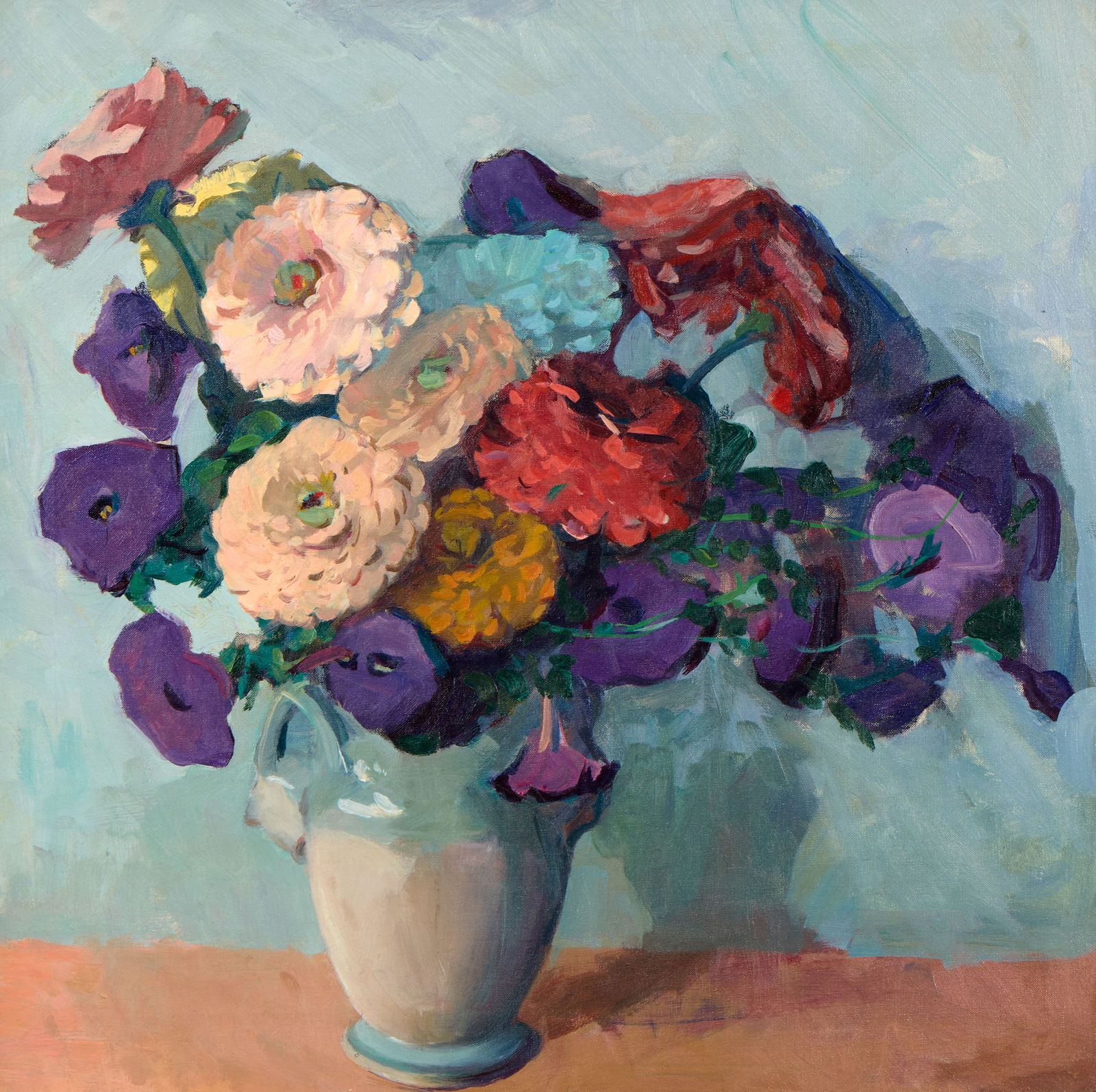 JANE PETERSON, (American, 1876-1965), Zinnias: JANE PETERSON(American, 1876-1965)Zinniasoil on canvas24 x 24 in., frame: 31 x 31 in. Provenance: Property of a Massachusetts Collector.