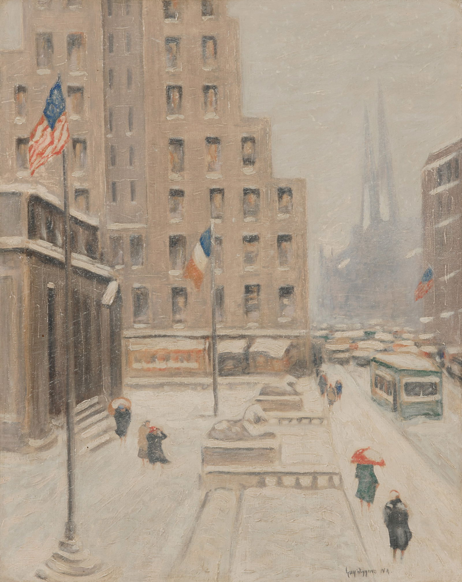 GUY CARLETON WIGGINS, (American, 1883-1962), New York Library in the Snow: GUY CARLETON WIGGINS(American, 1883-1962)New York Library in the Snowoil on canvasboardsigned Guy Wiggins NA lower right; signed and titled verso20 x 16 in., frame: 25 5/8 x 21 3/4 in. P
