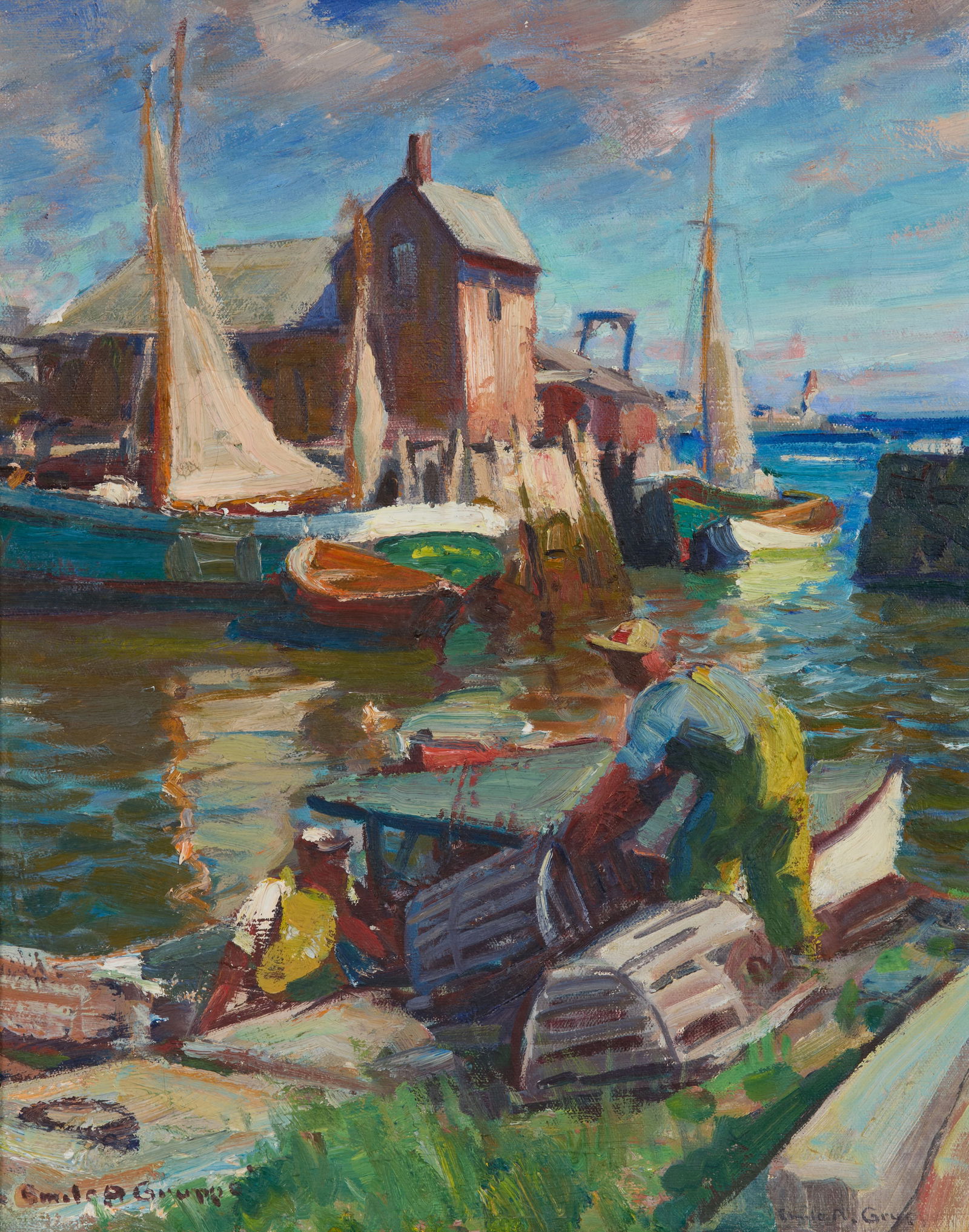 EMILE ALBERT GRUPPE, (American, 1896-1978), Motif No. 1 with Lobsterman: EMILE ALBERT GRUPPE(American, 1896-1978)Motif No. 1 with Lobstermanoil on canvassigned Emile A. Gruppe lower left and lower right20 x 16 in., frame: 24 1/2 x 20 1/2 in. Provenance: Prope