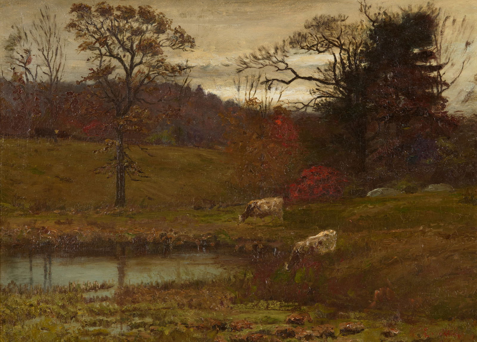 JOHN JOSEPH ENNEKING, (American, 1841-1916), Landscape with Sheep: JOHN JOSEPH ENNEKING(American, 1841-1916)Landscape with Sheepoil on canvassigned Enneking lower right16 1/4 x 22 1/4 in., frame: 22 5/8 x 28 5/8 in. Provenance: Property of a Massachuset