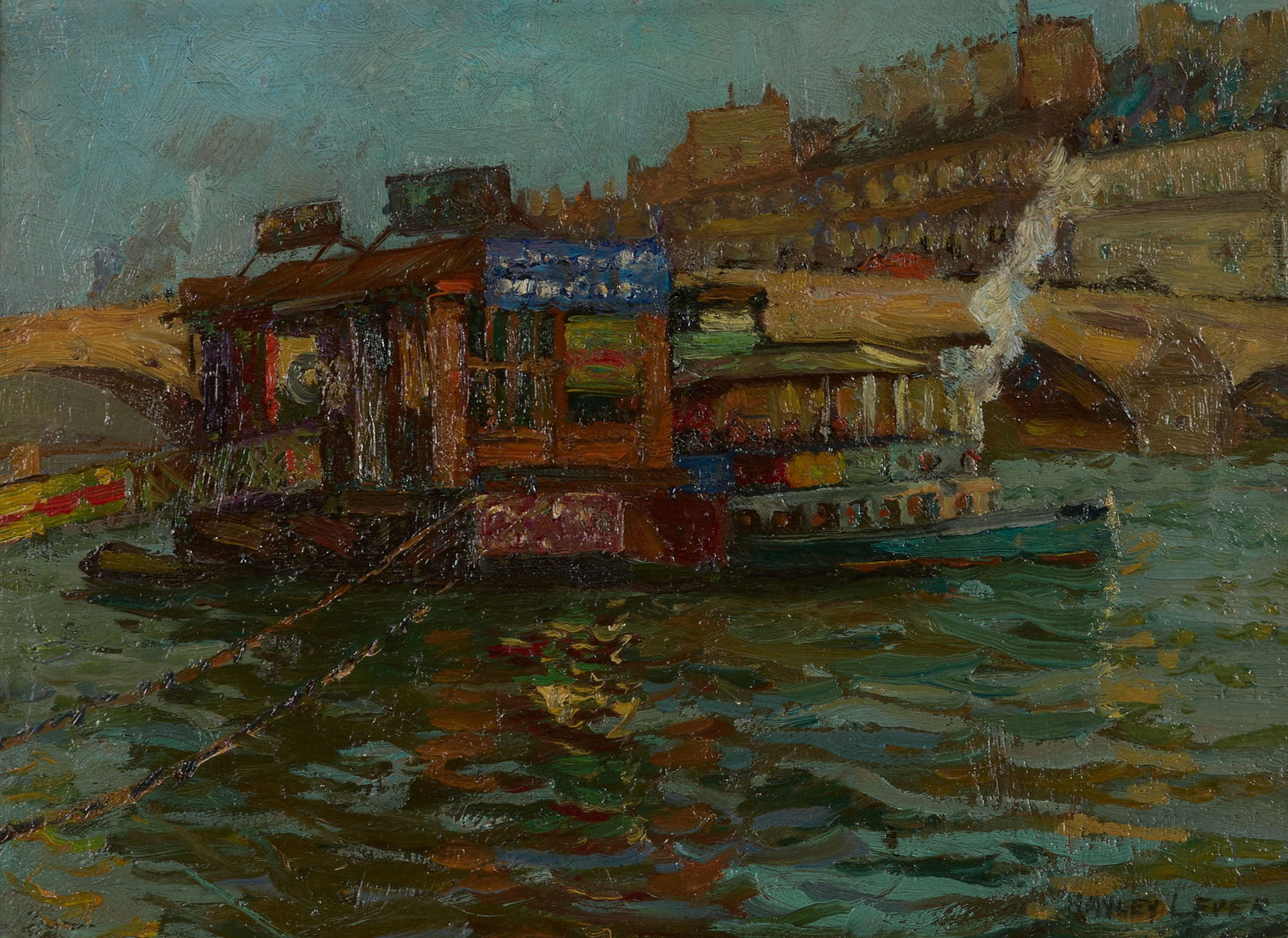 HAYLEY LEVER, (American, 1876-1958), Bateau sur la Seine, Paris: HAYLEY LEVER(American, 1876-1958)Bateau sur la Seine, Parisoil on boardsigned Hayley Lever lower rightsight: 9 x 12 3/4 in., frame: 18 3/4 x 21 3/4 in. Provenance: Barridoff Galleries, P