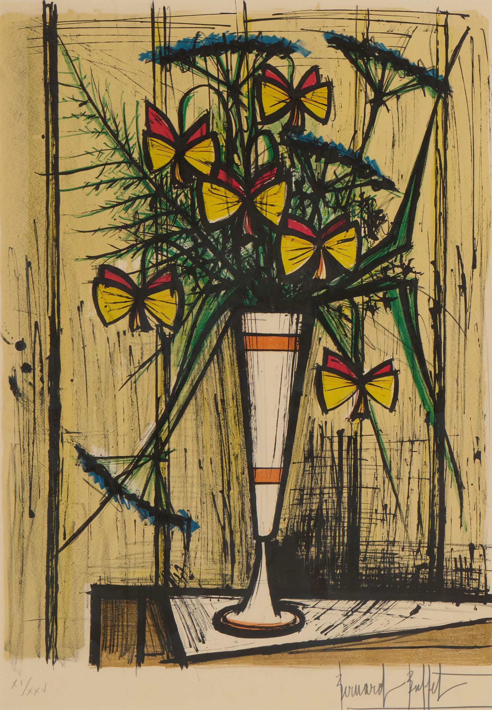 BERNARD BUFFET, (French, 1928-1999), Les Fleurs Papillon: BERNARD BUFFET(French, 1928-1999)Les Fleurs Papillonlithograph on papersigned Bernard Buffet lower right and numbered xi/xxv lower leftsight: 27 7/8 x 19 1/8 in., frame: 34 1/2 x 25 1/2