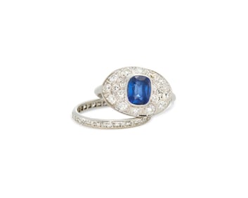 Platinum, Synthetic Sapphire, and Diamond Ring