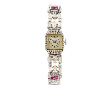 Platinum, Diamond, and Ruby Wristwatch
