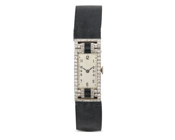 Platinum-Topped-Gold, Diamond, and Onyx Wristwatch