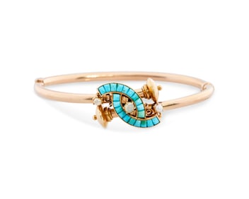 Antique 14K Gold, Turquoise, and Seed Pearl Bracelet