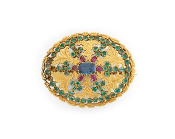 High Carat Gold, Sapphire, Emerald, and Topaz Brooch