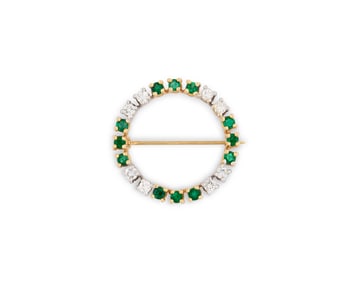 14K Gold, Emerald, and Diamond Brooch