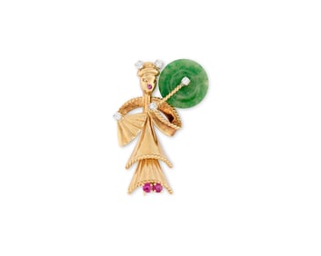 TIFFANY & CO. 14K Gold, Diamond, Ruby, and Jadeite Brooch