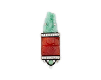 14K Gold, Carnelian, Jadeite, Diamond, and Enamel Brooch