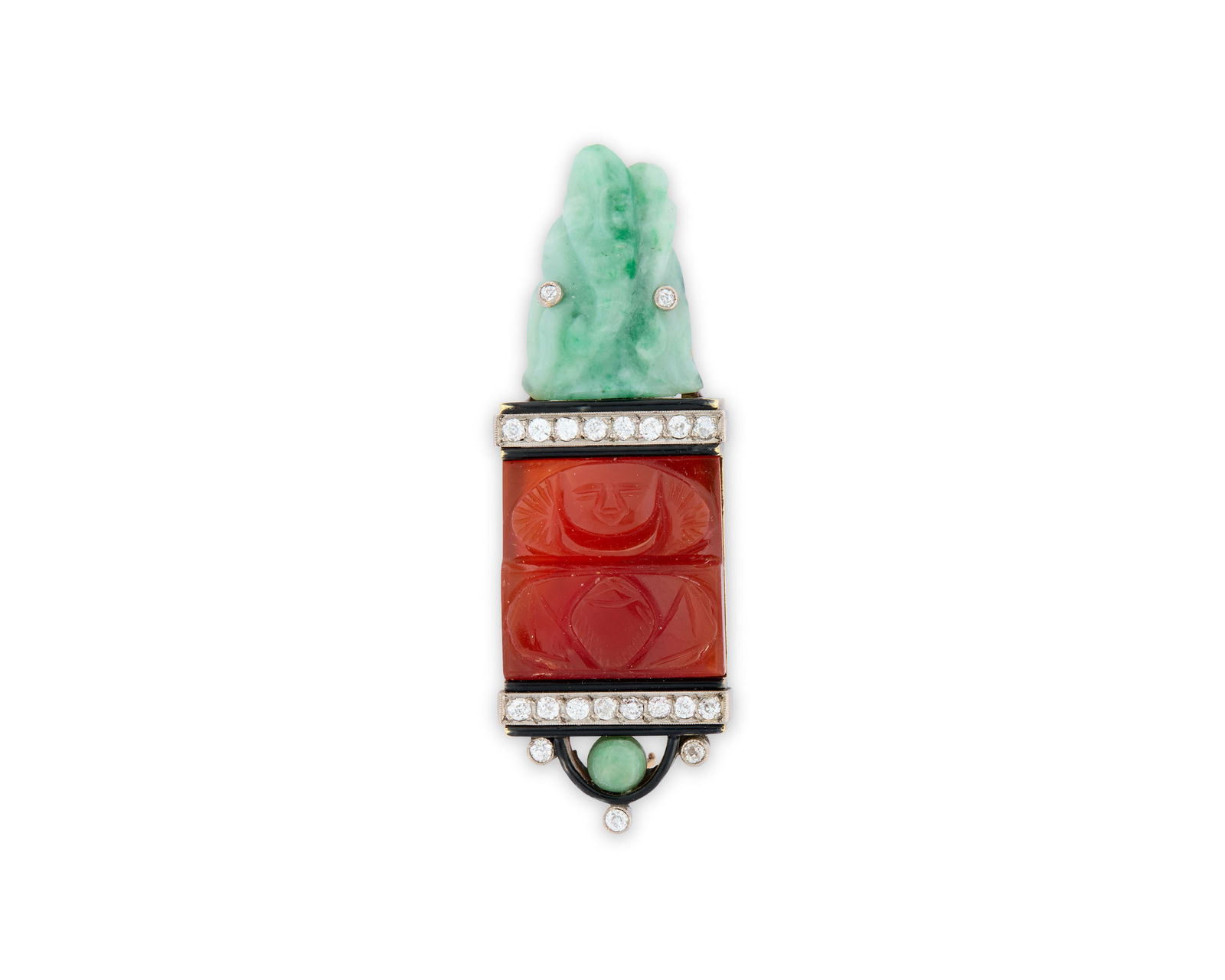 14K Gold, Carnelian, Jadeite, Diamond, and Enamel Brooch (1 of 3)