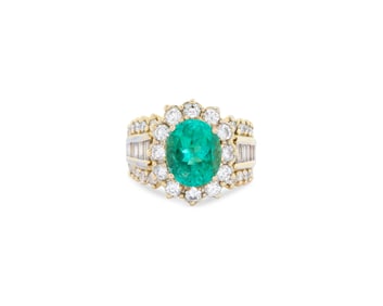 18K Gold, Emerald, and Diamond Ring