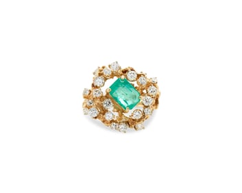 14K Gold, Emerald, and Diamond Ring