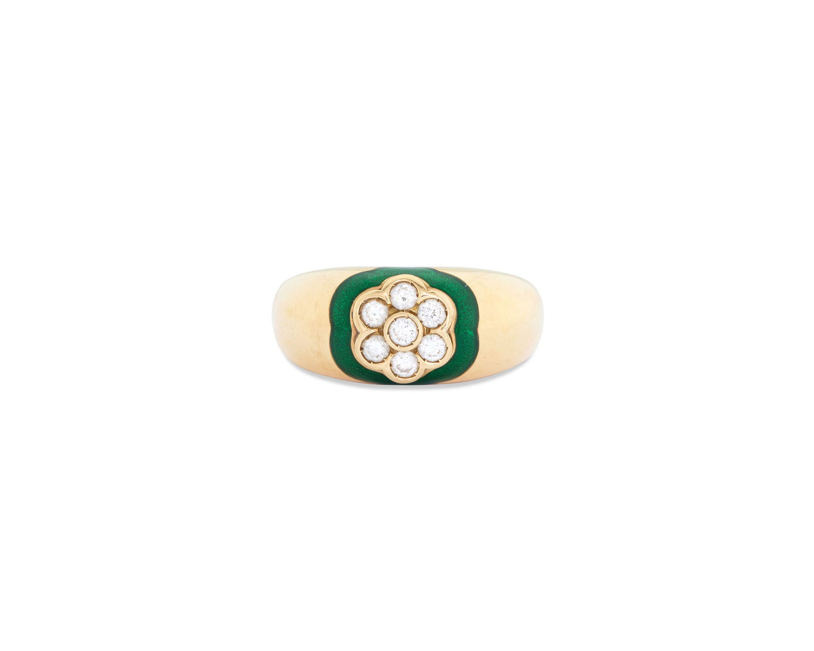 MELLERIO 18K Gold, Diamond, and Enamel Ring: MELLERIO 18K Gold, Diamond, and Enamel Ringcentering a flower-form motif of bezel-set full-cut diamonds framed by green enamel and completed by a polished gold mount; diamonds weighing approx. 0.33 tc
