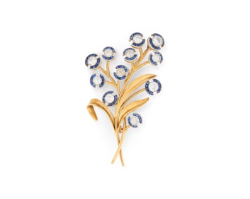 14K Gold, Diamond, and Sapphire Brooch