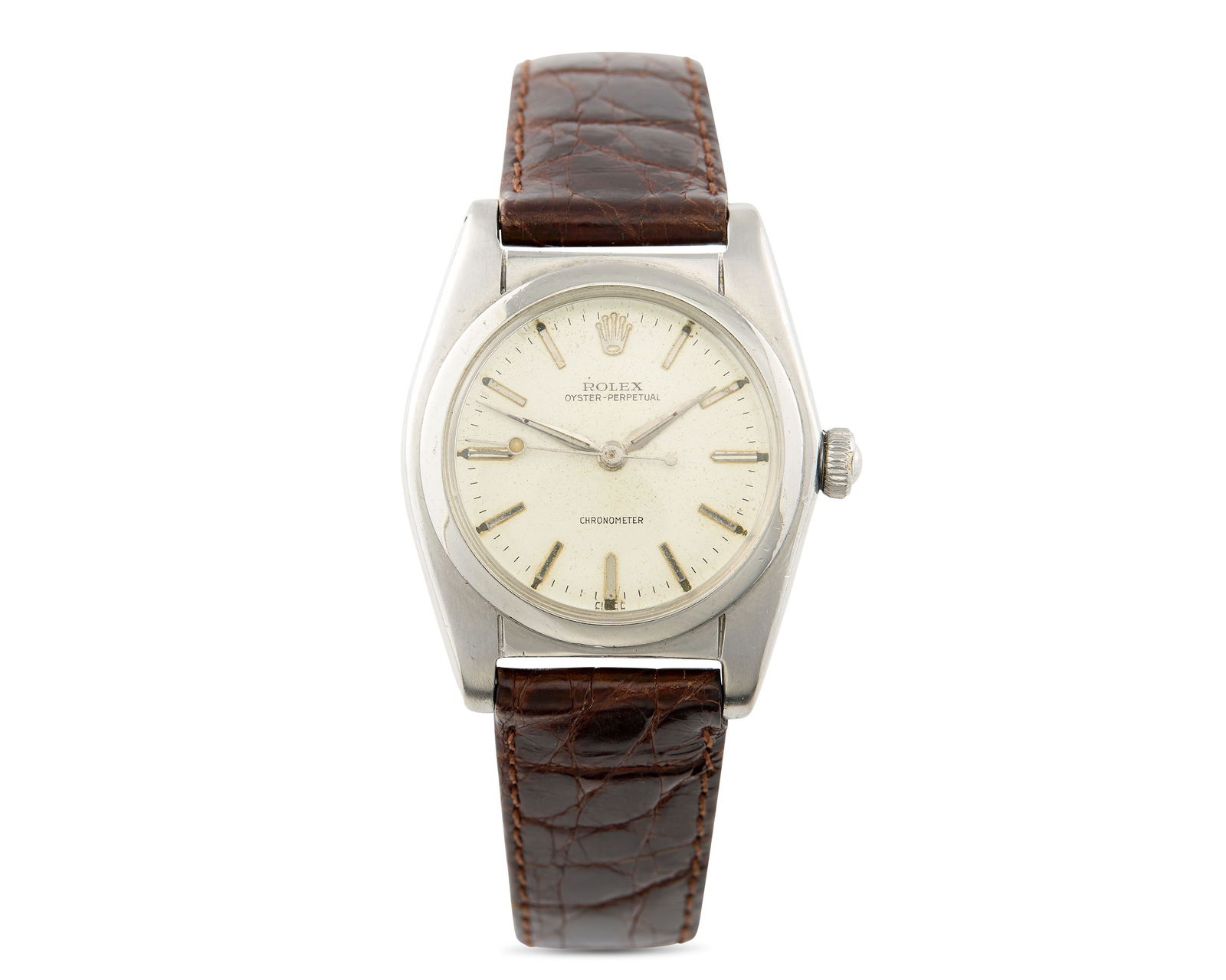 ROLEX Stainless Steel 'Oyster Perpetual' Wristwatch: ROLEX Stainless Steel 'Oyster Perpetual' Wristwatchthe circular cream-toned dial with applied baton numeral indicators; enclosing an automatic movement; signed on dial; completed by a textured brown l