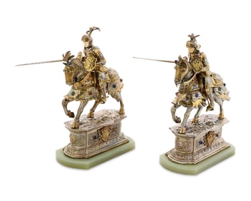 Pair of German Silver and Silver Gilt Jousting Knights, inset with cabochon colored stones, raised
